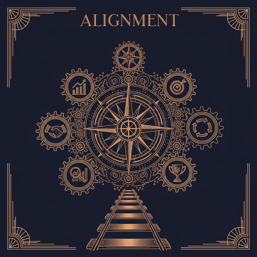 Copper engraving illustration of a leadership team aligned around a table with compass and gears
