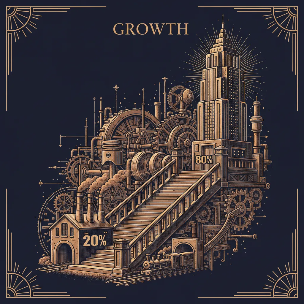 Copper engraving illustration of growth staircase from 20% to 80% with interlocking gears