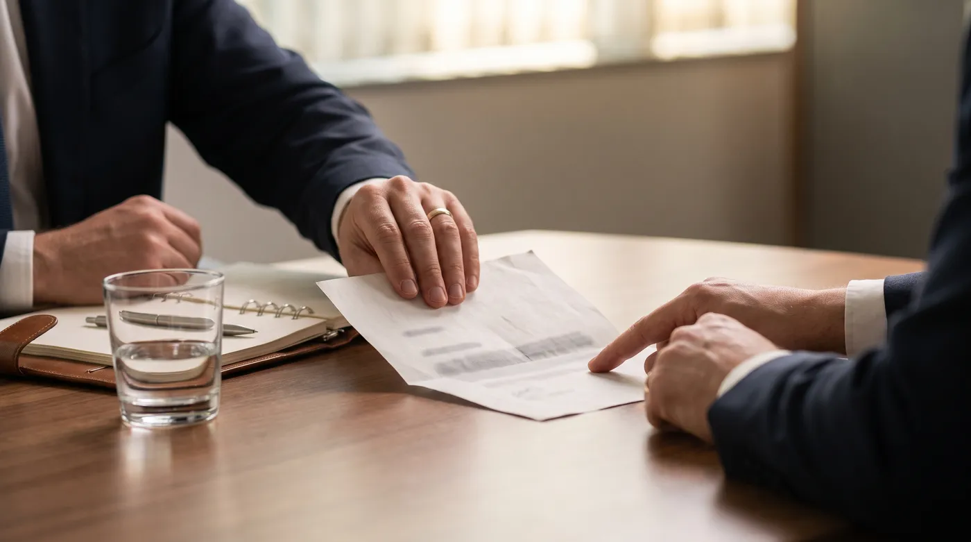 Two leaders at an advisory firm reading through a single printed page together
