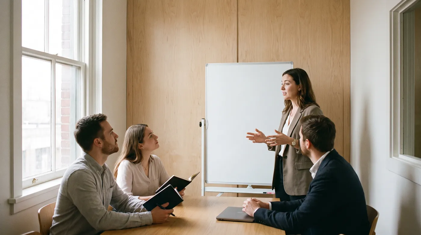Four leaders of an advisory firm running their own weekly meeting in a small bright meeting room
