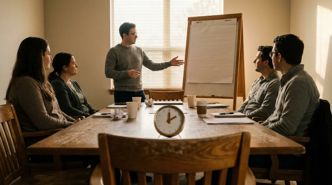 A leadership team meeting with a visible agenda and countdown timer on screen