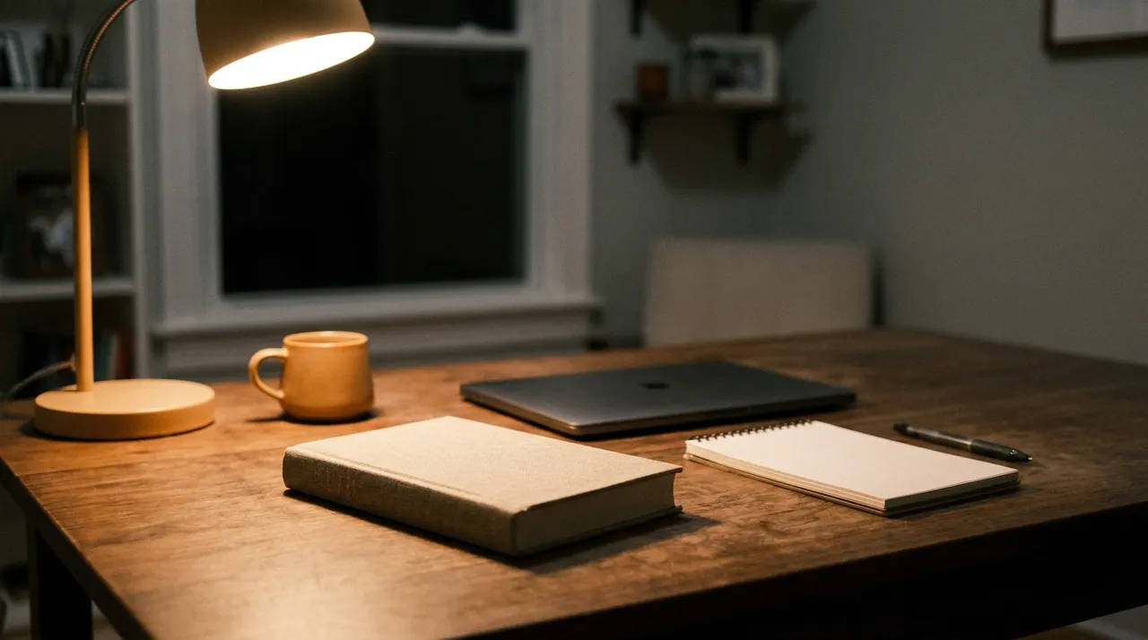 A book and a set of planning tools on a desk beside a laptop
